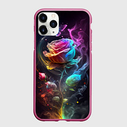 Чехол iPhone 11 Pro матовый Неоновая бабочка над большой розой