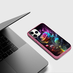 Чехол iPhone 11 Pro матовый Неоновая бабочка над большой розой, цвет: 3D-малиновый — фото 2