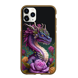 Чехол iPhone 11 Pro матовый Неоновый дракон с цветами