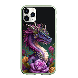 Чехол iPhone 11 Pro матовый Неоновый дракон с цветами, цвет: 3D-салатовый