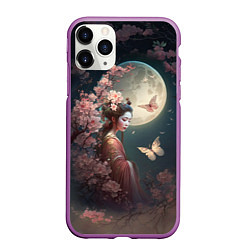 Чехол iPhone 11 Pro матовый Девушка в сакуре под луной, цвет: 3D-фиолетовый