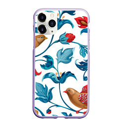 Чехол iPhone 11 Pro матовый Узоры и птицы, цвет: 3D-светло-сиреневый