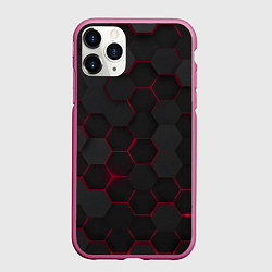 Чехол iPhone 11 Pro матовый Соты с красным свечением, цвет: 3D-малиновый