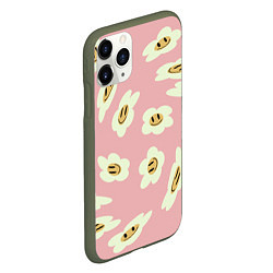 Чехол iPhone 11 Pro матовый Искаженные смайлы-цветы на розовом паттер, цвет: 3D-темно-зеленый — фото 2