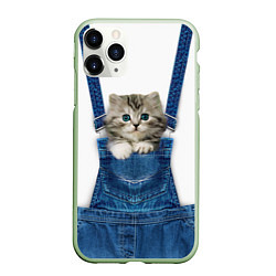 Чехол iPhone 11 Pro матовый Котенок в кармане комбинезона, цвет: 3D-салатовый