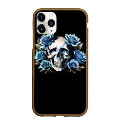Чехол iPhone 11 Pro матовый Череп и синие розы, цвет: 3D-коричневый