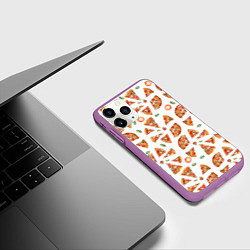 Чехол iPhone 11 Pro матовый Кусочки пиццы - паттерн на белом, цвет: 3D-фиолетовый — фото 2