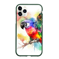 Чехол iPhone 11 Pro матовый Разноцветный акварельный попугай, цвет: 3D-темно-зеленый
