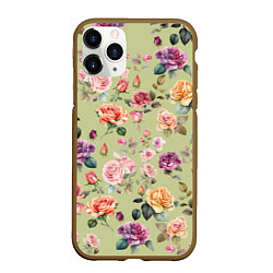Чехол iPhone 11 Pro матовый Акварельные цветы - паттерн зеленый