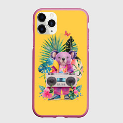 Чехол iPhone 11 Pro матовый Крутая розовая коала с бумбоксом и тропическими ли, цвет: 3D-малиновый