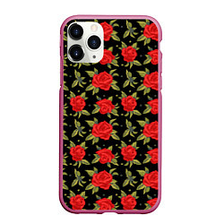 Чехол iPhone 11 Pro матовый Красные розы паттерн, цвет: 3D-малиновый