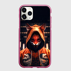 Чехол iPhone 11 Pro матовый Кицунэ на фоне храма - пагоды, цвет: 3D-малиновый
