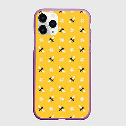 Чехол iPhone 11 Pro матовый Пчелы и цветы паттерн, цвет: 3D-фиолетовый