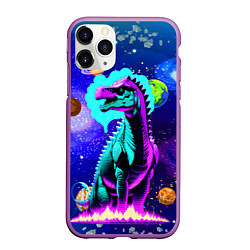 Чехол iPhone 11 Pro матовый Динозавр в космосе - неоновое свечение