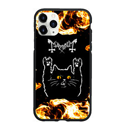 Чехол iPhone 11 Pro матовый Mayhem рок кот и огонь, цвет: 3D-черный