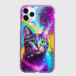 Чехол iPhone 11 Pro матовый Полосатый кот с разноцветной звездной туманностью, цвет: 3D-фиолетовый