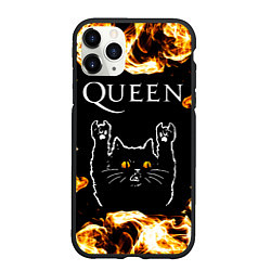 Чехол iPhone 11 Pro матовый Queen рок кот и огонь, цвет: 3D-черный