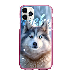 Чехол iPhone 11 Pro матовый Хаски с голубыми глазами в зимнем лесу, цвет: 3D-малиновый