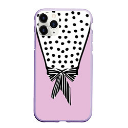 Чехол iPhone 11 Pro матовый Костюм Барби: черный горох с полосатым бантом, цвет: 3D-светло-сиреневый