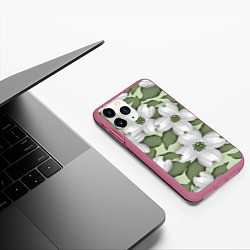Чехол iPhone 11 Pro матовый Белые цветочкм, цвет: 3D-малиновый — фото 2