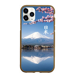 Чехол iPhone 11 Pro матовый Цветущая сакура на фоне Фудзиямы - Япония, цвет: 3D-коричневый