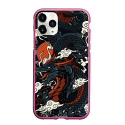 Чехол iPhone 11 Pro матовый Дракон в японском стиле, цвет: 3D-малиновый