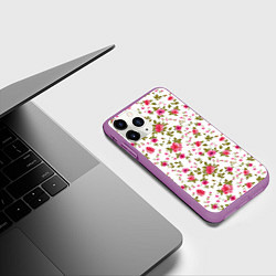 Чехол iPhone 11 Pro матовый Розовые цветы на белом фоне, цвет: 3D-фиолетовый — фото 2