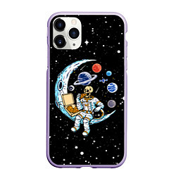 Чехол iPhone 11 Pro матовый Skeleton astronaut eats pizza while sitting on the, цвет: 3D-светло-сиреневый