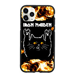 Чехол iPhone 11 Pro матовый Iron Maiden рок кот и огонь, цвет: 3D-черный