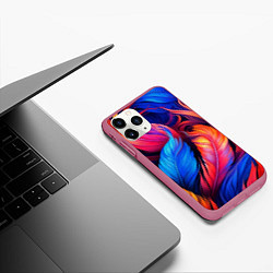 Чехол iPhone 11 Pro матовый Экзотические перья, цвет: 3D-малиновый — фото 2