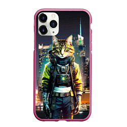 Чехол iPhone 11 Pro матовый Cool cat in New York city at night, цвет: 3D-малиновый