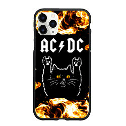 Чехол iPhone 11 Pro матовый AC DC рок кот и огонь