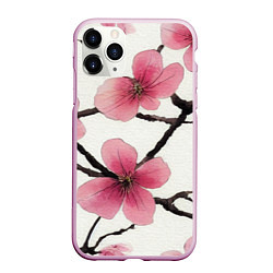 Чехол iPhone 11 Pro матовый Цветы и ветви японской сакуры - текстура холста, цвет: 3D-розовый