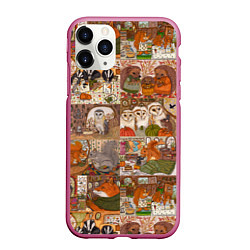 Чехол iPhone 11 Pro матовый Коллаж из сказочных зверей - совы, белки, ёжики, цвет: 3D-малиновый