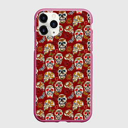 Чехол iPhone 11 Pro матовый Мексиканские черепа с бабочками, цвет: 3D-малиновый