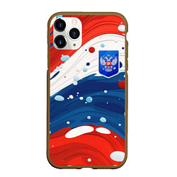 Чехол iPhone 11 Pro матовый Триколор брызги краски и герб РФ