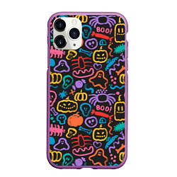 Чехол iPhone 11 Pro матовый Halloween colorful pumpkins, ghosts, spiders