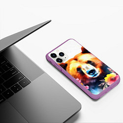 Чехол iPhone 11 Pro матовый Морда медведя гризли с цветами акварелью, цвет: 3D-фиолетовый — фото 2