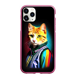 Чехол iPhone 11 Pro матовый Модный рыжий кот - неон - поп-арт, цвет: 3D-малиновый