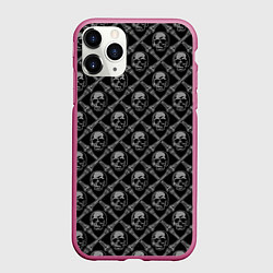 Чехол iPhone 11 Pro матовый Черепа и кости - чёрный, цвет: 3D-малиновый