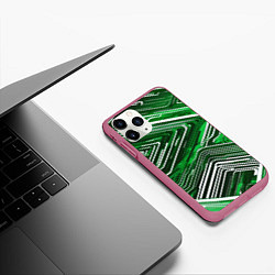 Чехол iPhone 11 Pro матовый Кибер линии Зелёный-белый, цвет: 3D-малиновый — фото 2