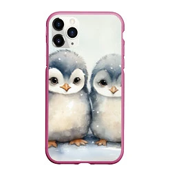 Чехол iPhone 11 Pro матовый Милые пингвины акварель, цвет: 3D-малиновый