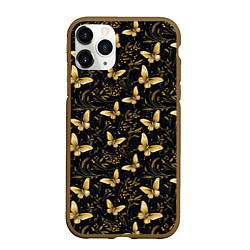 Чехол iPhone 11 Pro матовый Золотые бабочки на черном фоне