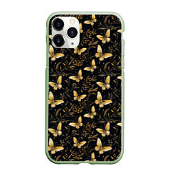 Чехол iPhone 11 Pro матовый Золотые бабочки на черном фоне, цвет: 3D-салатовый