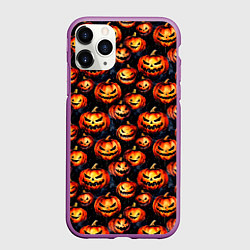 Чехол iPhone 11 Pro матовый Весёлые тыквы на Хеллоуин паттерн, цвет: 3D-фиолетовый