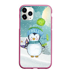 Чехол iPhone 11 Pro матовый Новогодний пингвин, цвет: 3D-малиновый