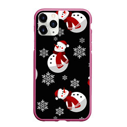 Чехол iPhone 11 Pro матовый Снеговички в зимних шапочках со снежинками