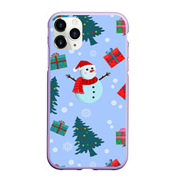 Чехол iPhone 11 Pro матовый Снеговики с новогодними подарками паттерн, цвет: 3D-светло-сиреневый