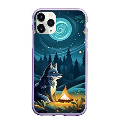 Чехол iPhone 11 Pro матовый Волк у костра в стиле фолк-арт