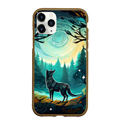 Чехол iPhone 11 Pro матовый Волк в ночном лесу фолк-арт, цвет: 3D-коричневый